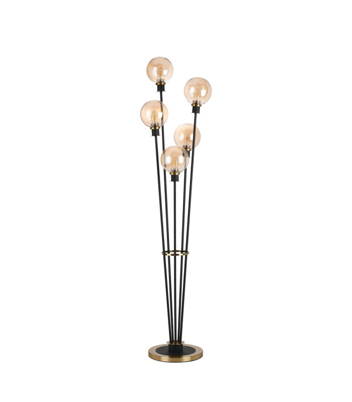 Placid Floor Lamp 5 Light E14 15cm Round Glass Shade Brass Amber Plated Satin Black-4