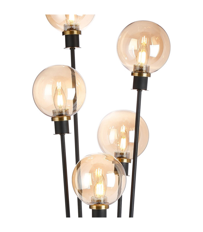 Placid Floor Lamp 5 Light E14 15cm Round Glass Shade Brass Amber Plated Satin Black-7