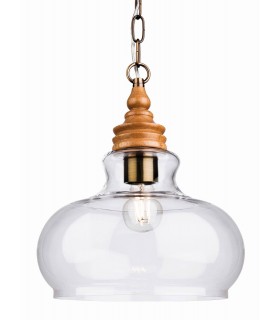 1 Light Dome Ceiling Pendant Natural Wood with Clear Glass, E27 - 1