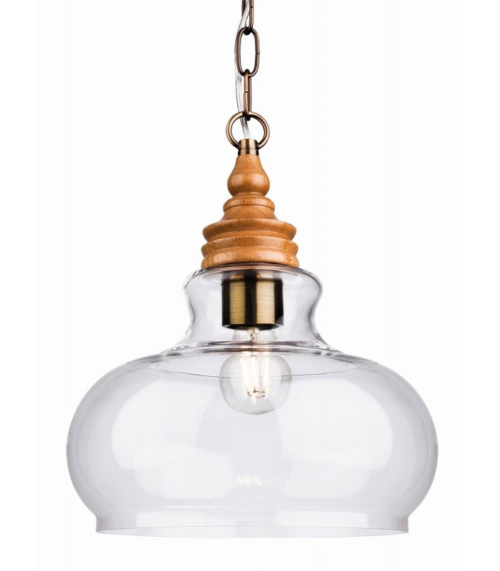 1 Light Dome Ceiling Pendant Natural Wood with Clear Glass, E27 - 1