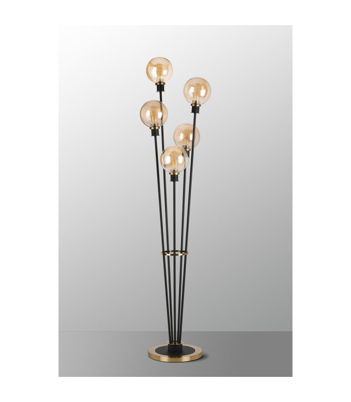 Placid Floor Lamp 5 Light E14 15cm Round Glass Shade Brass Amber Plated Satin Black-8
