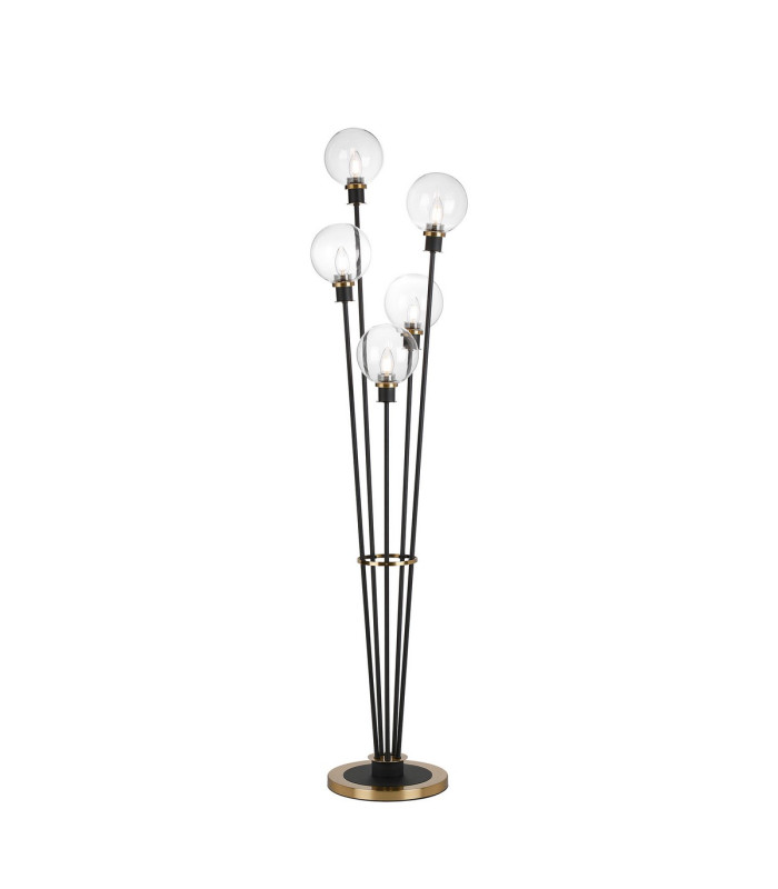 Placid Floor Lamp 5 Light E14 15cm Round Glass Shade Brass Clear Satin Black-1