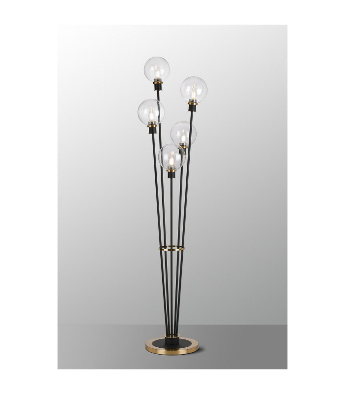 Placid Floor Lamp 5 Light E14 15cm Round Glass Shade Brass Clear Satin Black-3