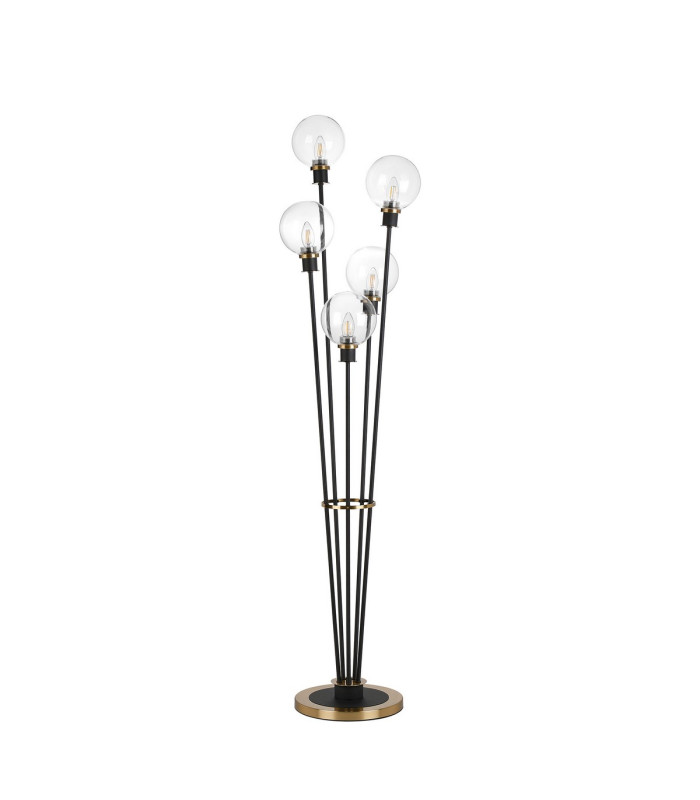 Placid Floor Lamp 5 Light E14 15cm Round Glass Shade Brass Clear Satin Black-4