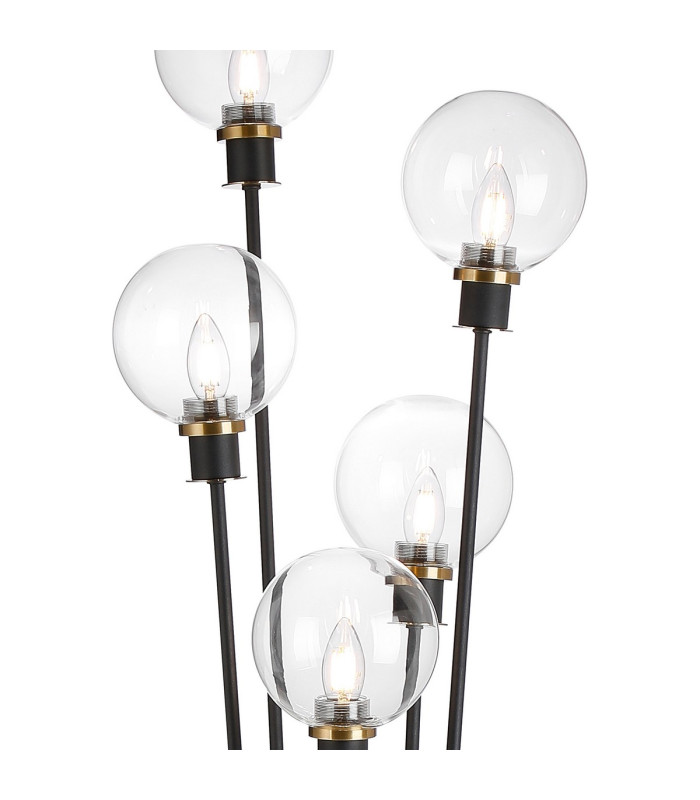 Placid Floor Lamp 5 Light E14 15cm Round Glass Shade Brass Clear Satin Black-7