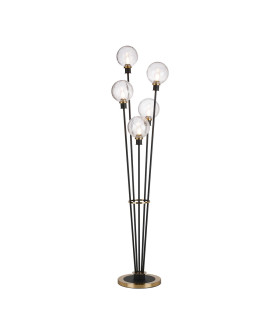 Placid Floor Lamp 5 Light E14 15cm Round Crackled Glass Shade Brass Clear Satin Black-1