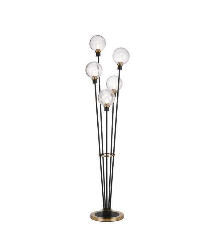 Placid Floor Lamp 5 Light E14 15cm Round Crackled Glass Shade Brass Clear Satin Black-1