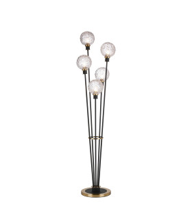 Placid Floor Lamp 5 Light E14 15cm Round Textured Crumple Glass Shade Brass Clear Satin Black-1