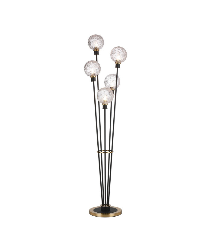 Placid Floor Lamp 5 Light E14 15cm Round Textured Crumple Glass Shade Brass Clear Satin Black-1
