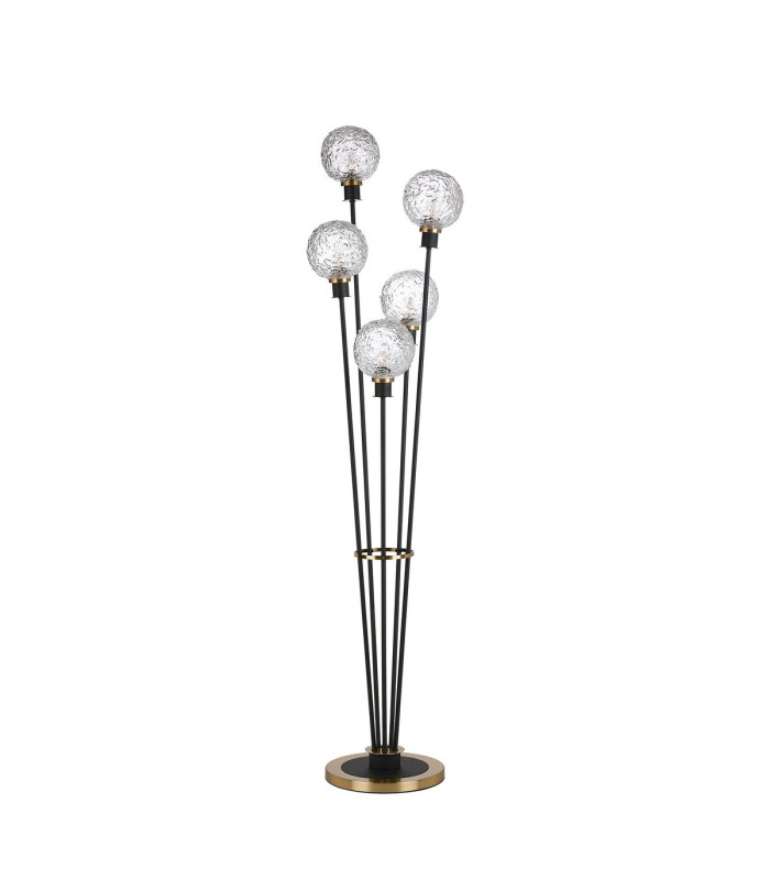 Placid Floor Lamp 5 Light E14 15cm Round Textured Crumple Glass Shade Brass Clear Satin Black-4