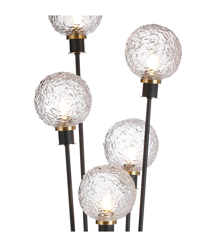 Placid Floor Lamp 5 Light E14 15cm Round Textured Crumple Glass Shade Brass Clear Satin Black-7