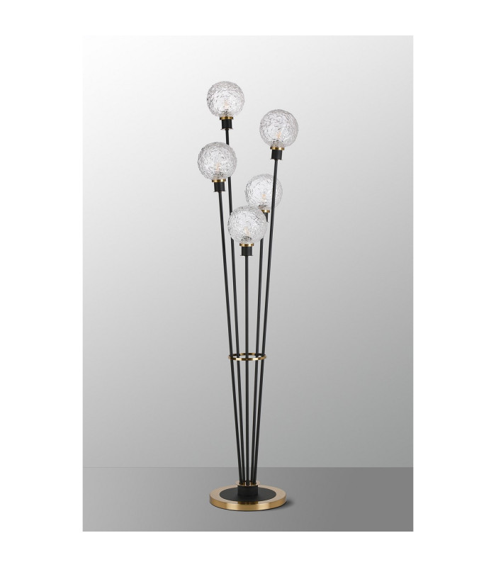Placid Floor Lamp 5 Light E14 15cm Round Textured Crumple Glass Shade Brass Clear Satin Black-8