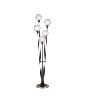 Placid Floor Lamp 5 Light E14 15cm Round Textured Diamond Pattern Glass Shade Brass Clear Satin Black-1