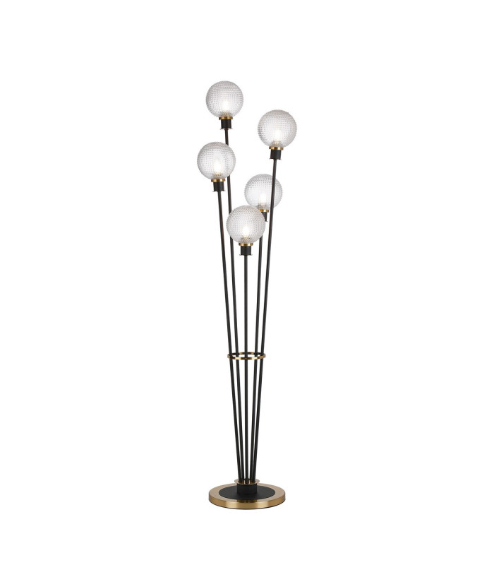 Placid Floor Lamp 5 Light E14 15cm Round Textured Diamond Pattern Glass Shade Brass Clear Satin Black-1
