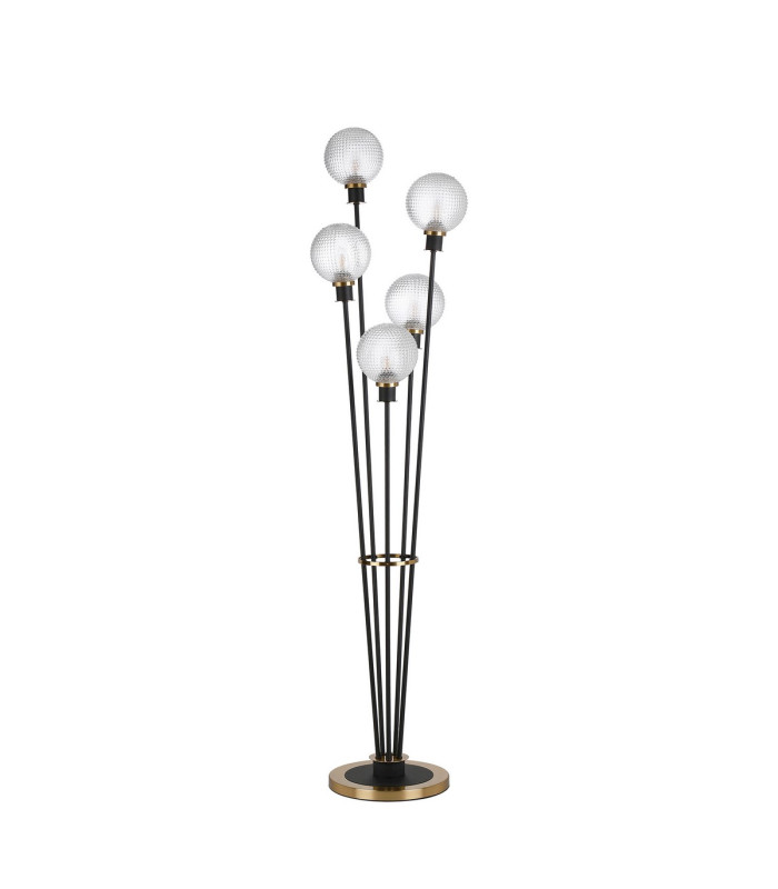 Placid Floor Lamp 5 Light E14 15cm Round Textured Diamond Pattern Glass Shade Brass Clear Satin Black-4