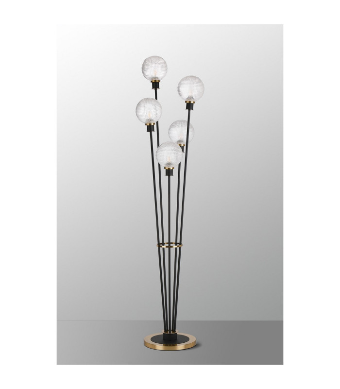 Placid Floor Lamp 5 Light E14 15cm Round Textured Diamond Pattern Glass Shade Brass Clear Satin Black-8