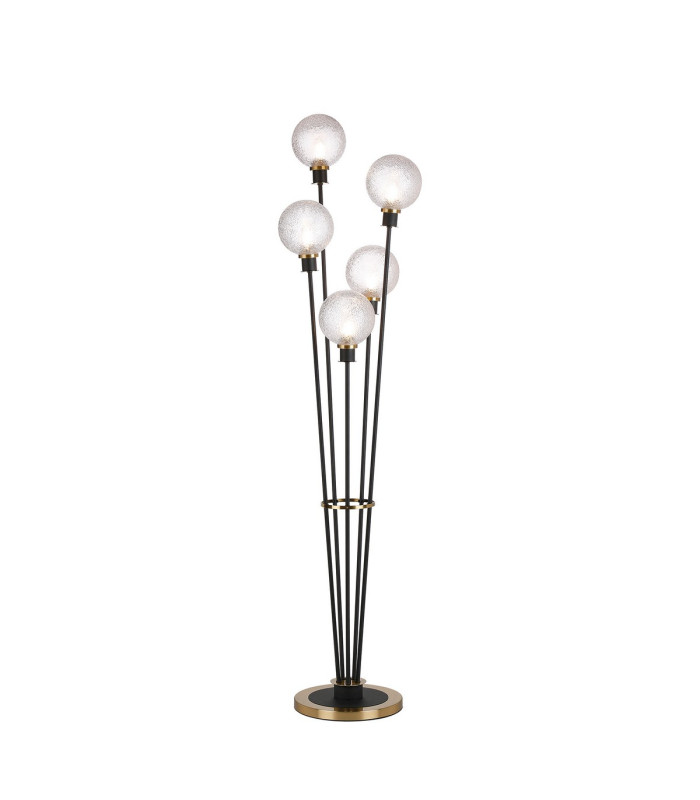 Placid Floor Lamp 5 Light E14 15cm Round Dimpled Glass Shade Brass Clear Satin Black-1