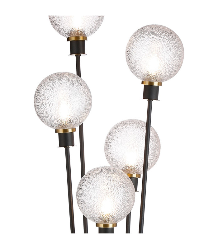 Placid Floor Lamp 5 Light E14 15cm Round Dimpled Glass Shade Brass Clear Satin Black-7