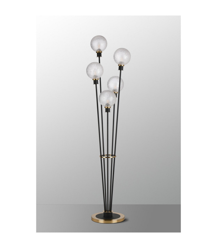 Placid Floor Lamp 5 Light E14 15cm Round Dimpled Glass Shade Brass Clear Satin Black-8