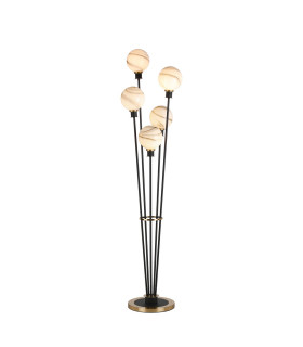 Placid Floor Lamp 5 Light E14 15cm Round Marble Effect Glass Shade Brass White Satin Black-1