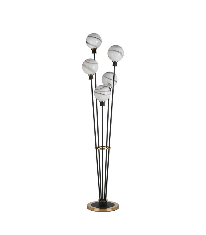 Placid Floor Lamp 5 Light E14 15cm Round Marble Effect Glass Shade Brass White Satin Black-4