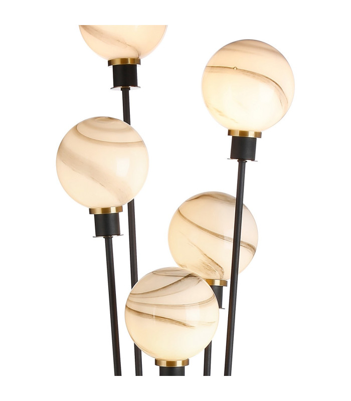 Placid Floor Lamp 5 Light E14 15cm Round Marble Effect Glass Shade Brass White Satin Black-7