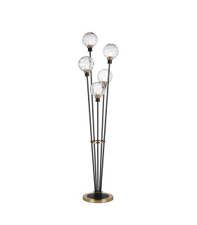 Placid Floor Lamp 5 Light E14 15cm Round Textured Melting Glass Shade Brass Clear Satin Black-1