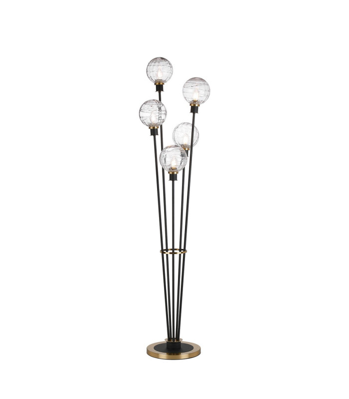Placid Floor Lamp 5 Light E14 15cm Round Textured Melting Glass Shade Brass Clear Satin Black-1