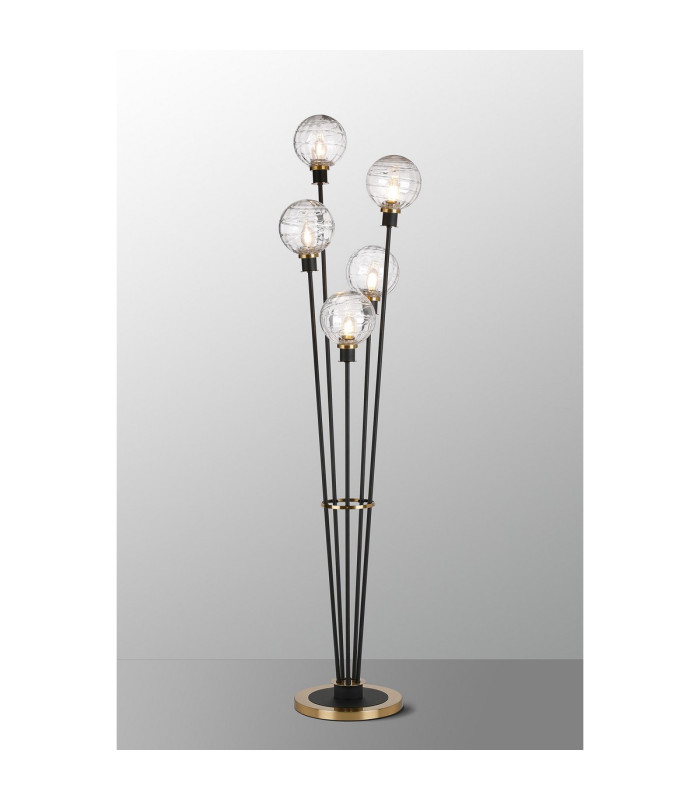 Placid Floor Lamp 5 Light E14 15cm Round Textured Melting Glass Shade Brass Clear Satin Black-3