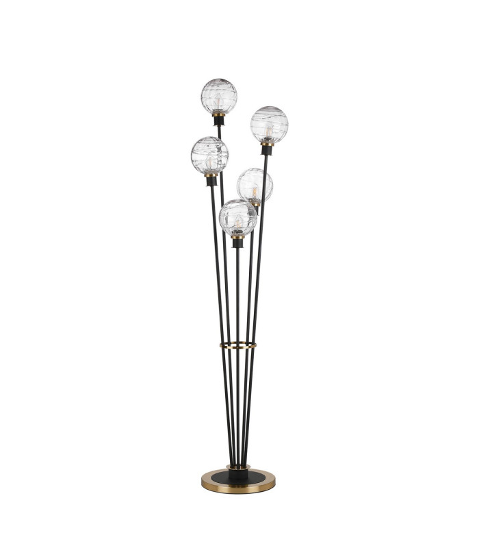 Placid Floor Lamp 5 Light E14 15cm Round Textured Melting Glass Shade Brass Clear Satin Black-4
