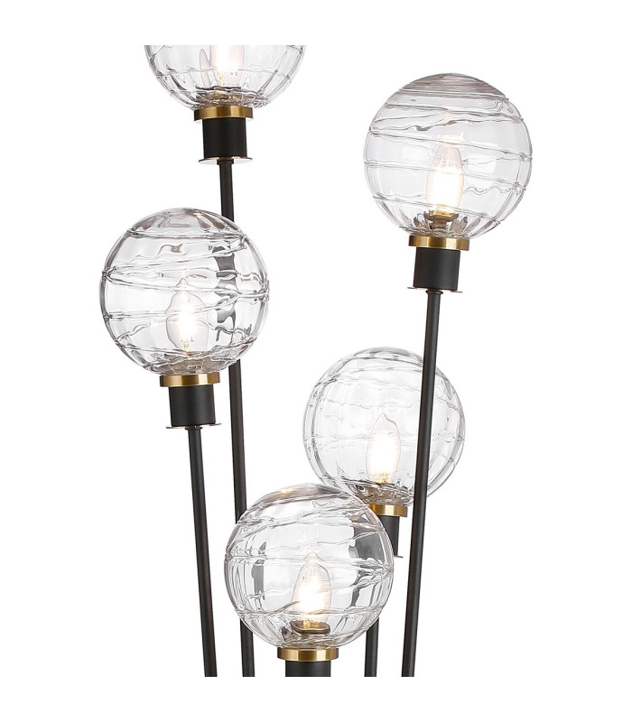 Placid Floor Lamp 5 Light E14 15cm Round Textured Melting Glass Shade Brass Clear Satin Black-7