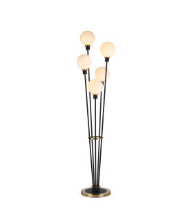 Placid Floor Lamp 5 Light E14 15cm Round Glass Shade Brass Opal Satin Black-1