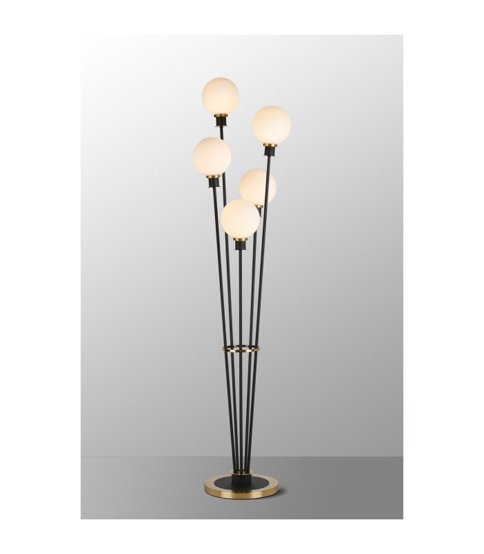 Placid Floor Lamp 5 Light E14 15cm Round Glass Shade Brass Opal Satin Black-3