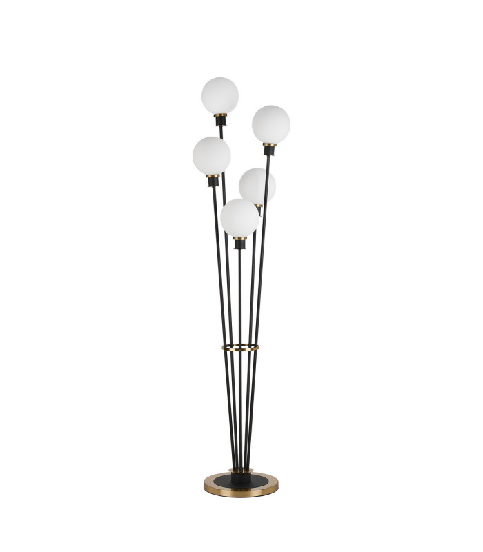 Placid Floor Lamp 5 Light E14 15cm Round Glass Shade Brass Opal Satin Black-4