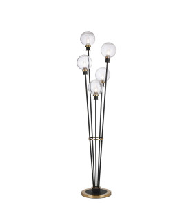 Placid Floor Lamp 5 Light E14 15cm Round Ribbed Glass Shade Brass Clear Satin Black-1