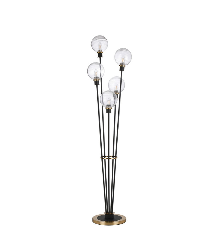 Placid Floor Lamp 5 Light E14 15cm Round Ribbed Glass Shade Brass Clear Satin Black-4