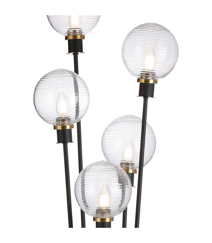 Placid Floor Lamp 5 Light E14 15cm Round Ribbed Glass Shade Brass Clear Satin Black-7