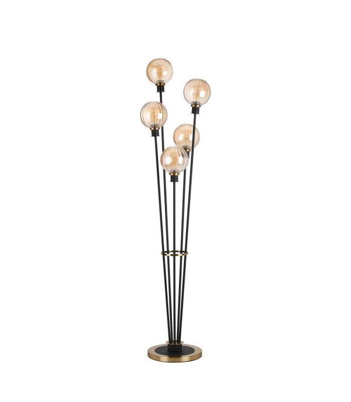 Placid Floor Lamp 5 Light E14 15cm Round Segment Glass Shade Brass Amber Plated Satin Black-4
