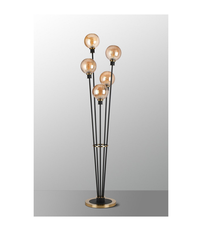 Placid Floor Lamp 5 Light E14 15cm Round Segment Glass Shade Brass Amber Plated Satin Black-8