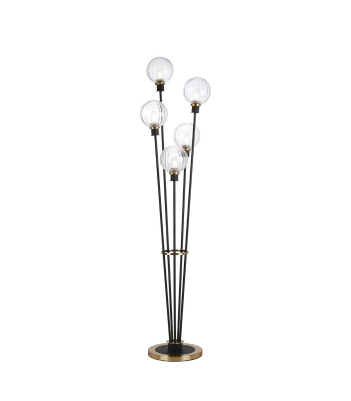 Placid Floor Lamp 5 Light E14 15cm Round Segment Glass Shade Brass Clear Satin Black-1