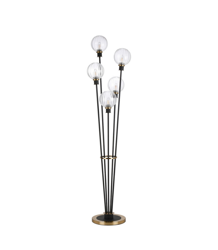 Placid Floor Lamp 5 Light E14 15cm Round Segment Glass Shade Brass Clear Satin Black-4