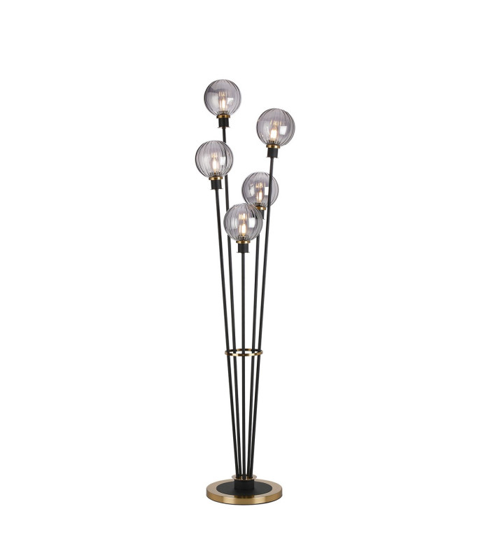 Placid Floor Lamp 5 Light E14 15cm Round Segment Glass Shade Brass Smoke Plated Satin Black-1