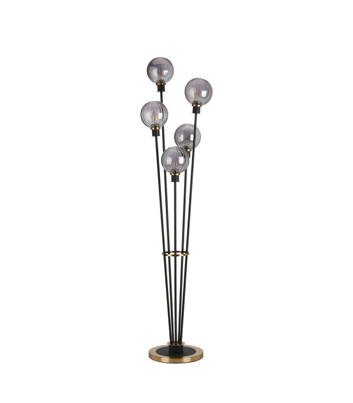 Placid Floor Lamp 5 Light E14 15cm Round Segment Glass Shade Brass Smoke Plated Satin Black-4