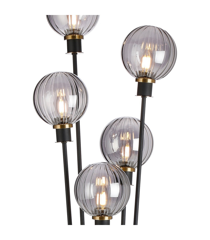 Placid Floor Lamp 5 Light E14 15cm Round Segment Glass Shade Brass Smoke Plated Satin Black-7