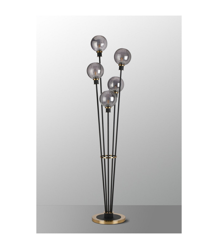 Placid Floor Lamp 5 Light E14 15cm Round Segment Glass Shade Brass Smoke Plated Satin Black-8