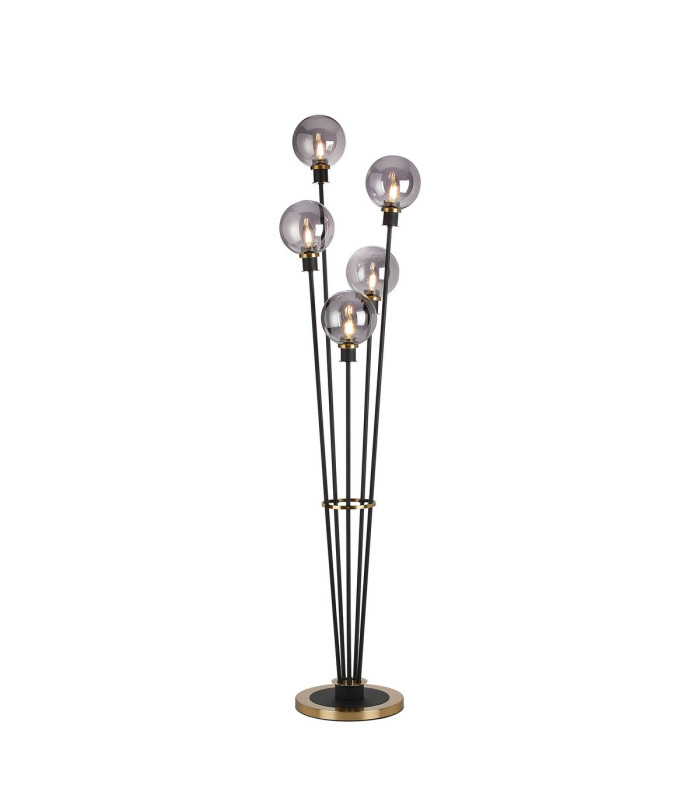 Placid Floor Lamp 5 Light E14 15cm Round Glass Shade Brass Smoke Plated Satin Black-1