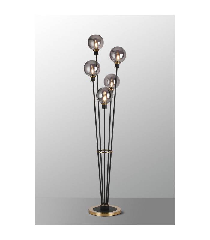 Placid Floor Lamp 5 Light E14 15cm Round Glass Shade Brass Smoke Plated Satin Black-3