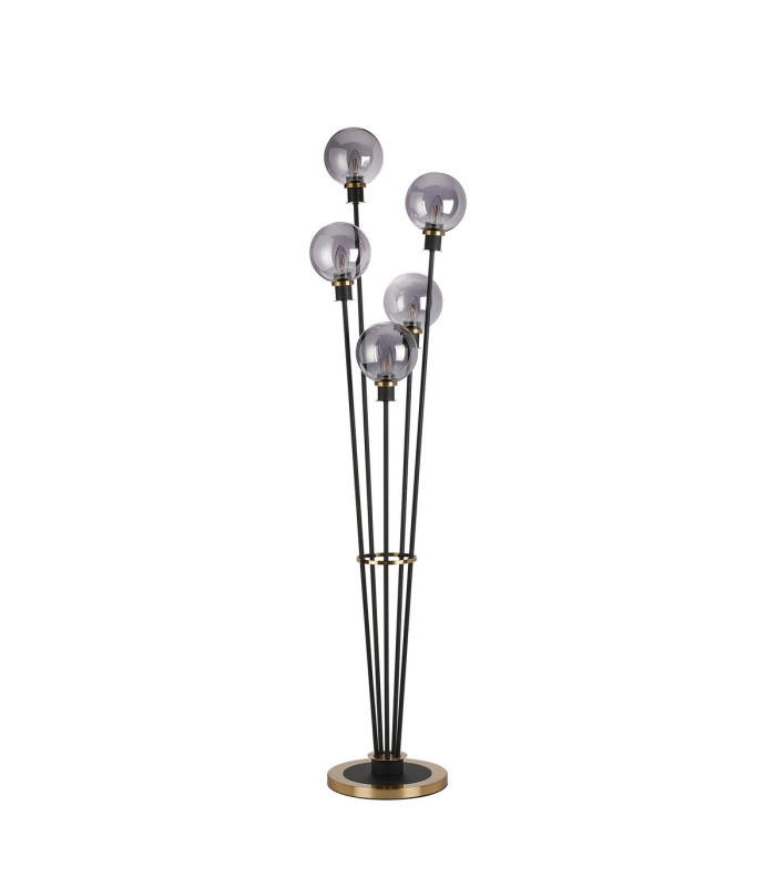 Placid Floor Lamp 5 Light E14 15cm Round Glass Shade Brass Smoke Plated Satin Black-4