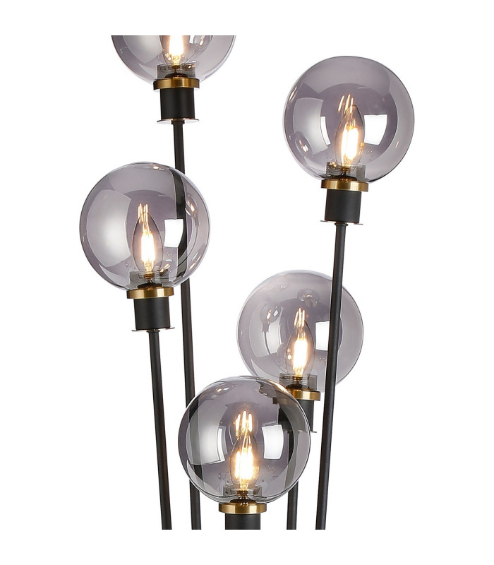 Placid Floor Lamp 5 Light E14 15cm Round Glass Shade Brass Smoke Plated Satin Black-7