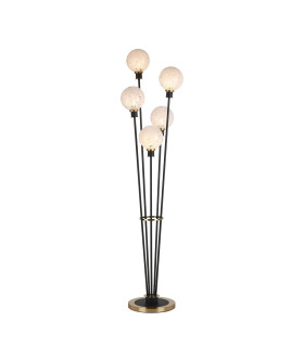 Placid Floor Lamp 5 Light E14 15cm Round Speckled Glass Shade Brass White Satin Black-1